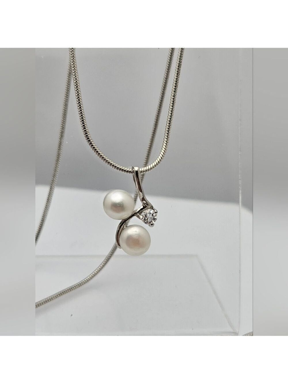 Freshwater White Real Pearl Necklace 18” Silver Plated Snake Chain Rhinestone